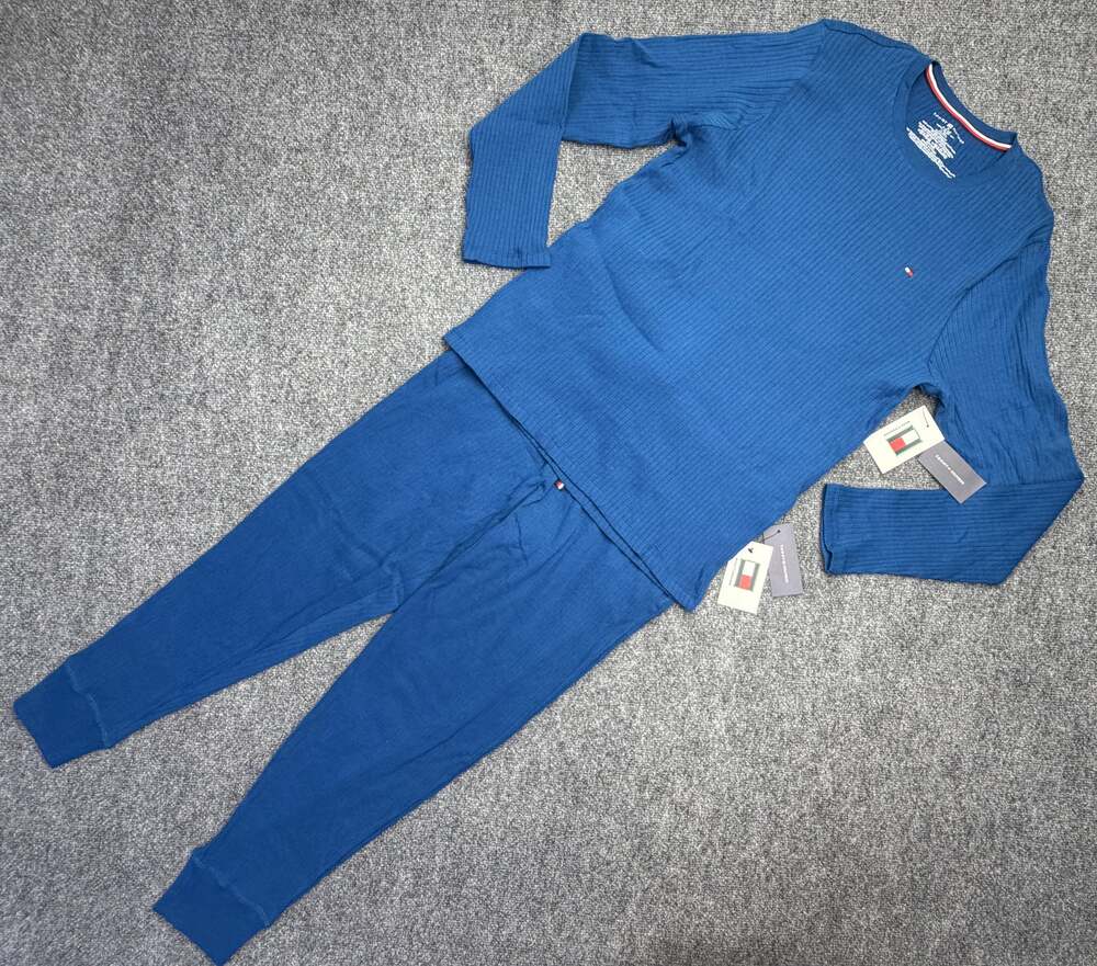 Tommy Hilfiger Mens M Blue Ribbed Cotton Pajama Lounge Set 2 Piece NWT